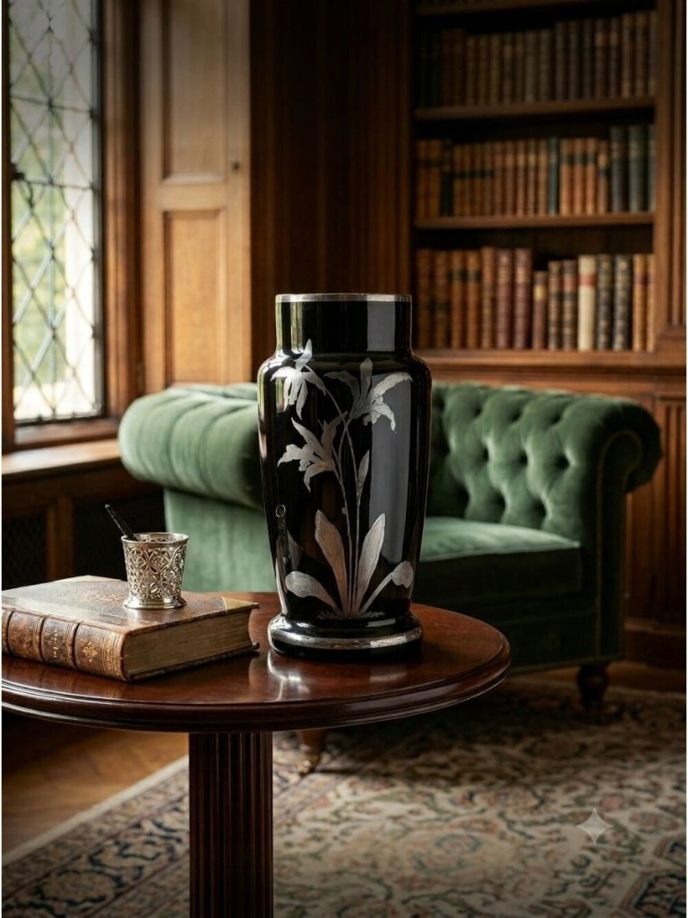 Antique Czech Black Glass Vase Sterling Silver Overlay Daffodil Art Deco 7" Vase